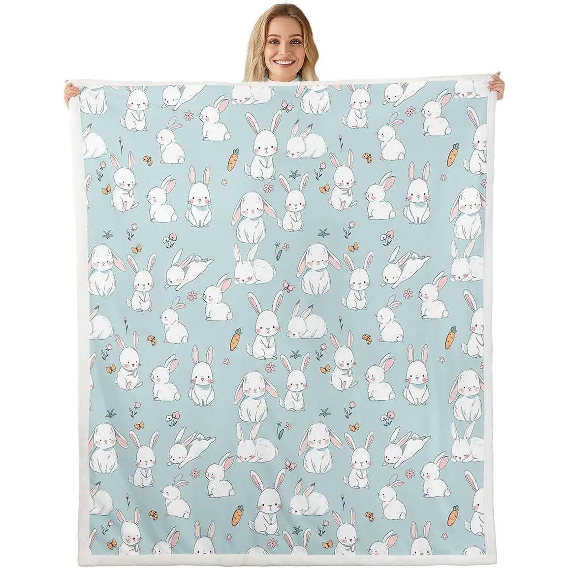 Rabbit Blanket Cute Easter Rabbit Carrot Throw Blanket Kawaii Animal Bunny Blue Fleece Blanket Spring Flowers Sherpa Blanket