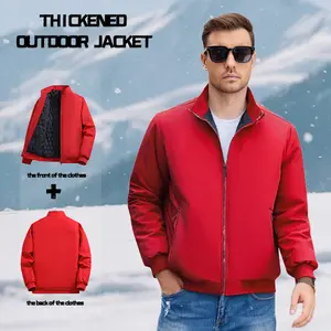 Men's quilted pilot jacket with warm padding, red winter coat with stand collar and zipper pockets, stylish casual wear for cold weather