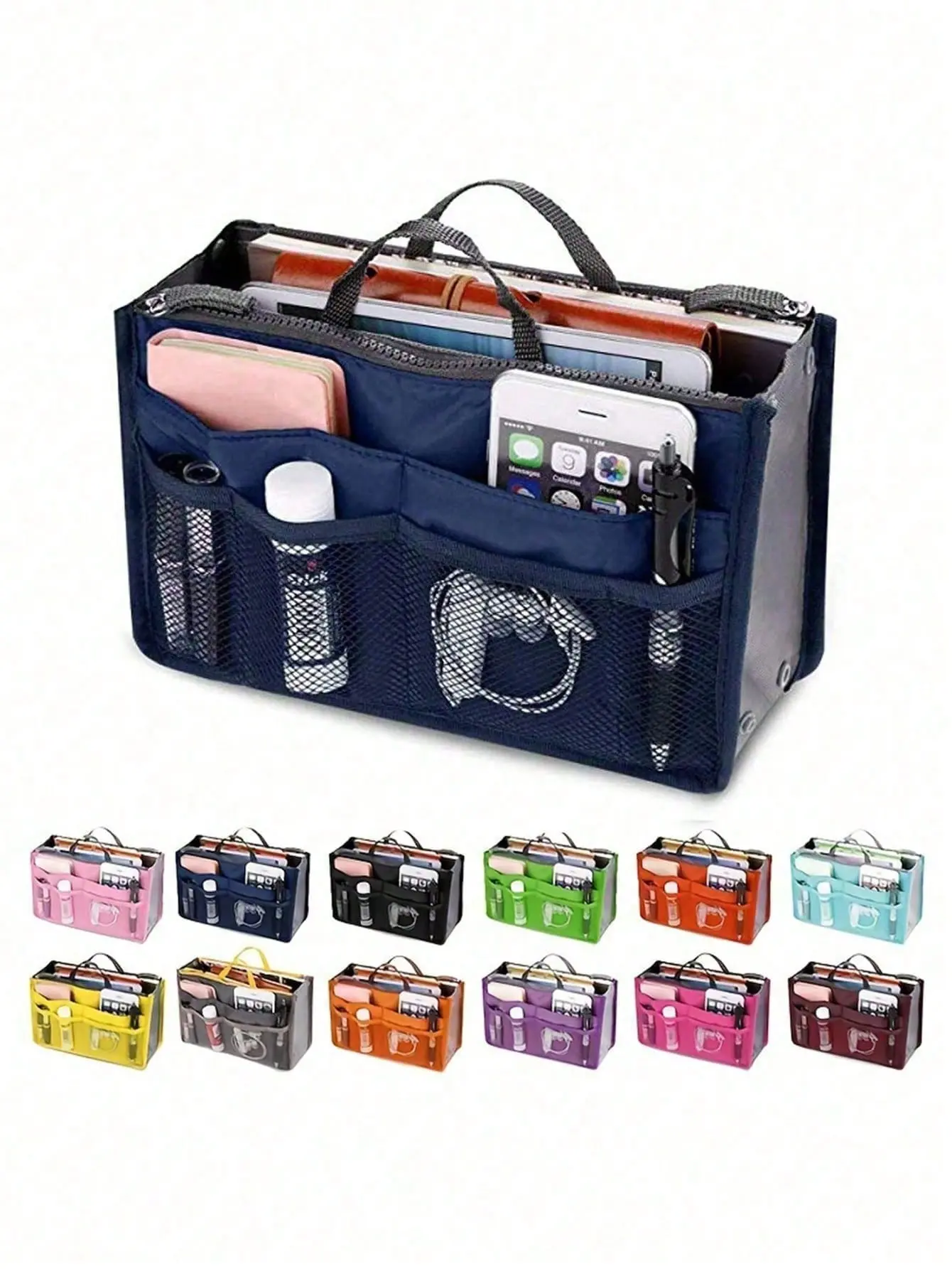 Blue Purse Organizer Insert with Multiple Pockets and Top Handles Multi-functional organizer—Navy blue tote bag with double handles, multiple zippers/compartments, and a transparent window; suitable for cosmetics, toiletries, and small items.