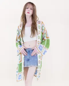 Medallion & Patchwork Squares Crochet Summer Kimono Cardigan – Boho Open Front Lightweight Duster