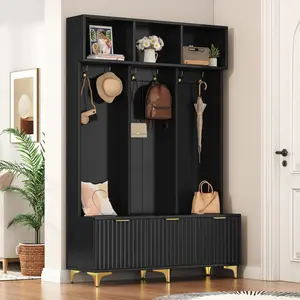 [SOIYELIFE] ON-TREND Modern Large Storage Hall Tree with Bench, Multi-functional Storage Bench with High Gloss Fluted Doors, Luxurious Coat Rack with 6 Gold Hooks and Legs for Entryway, Living Room, Black  Fine furniture