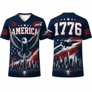 USA Patriotic V-Neck Sports Shirt for Men Women, America Eagle 1776 Jet Fighter Graphic Tee, Navy Red White Blue 4th of July Athletic Top