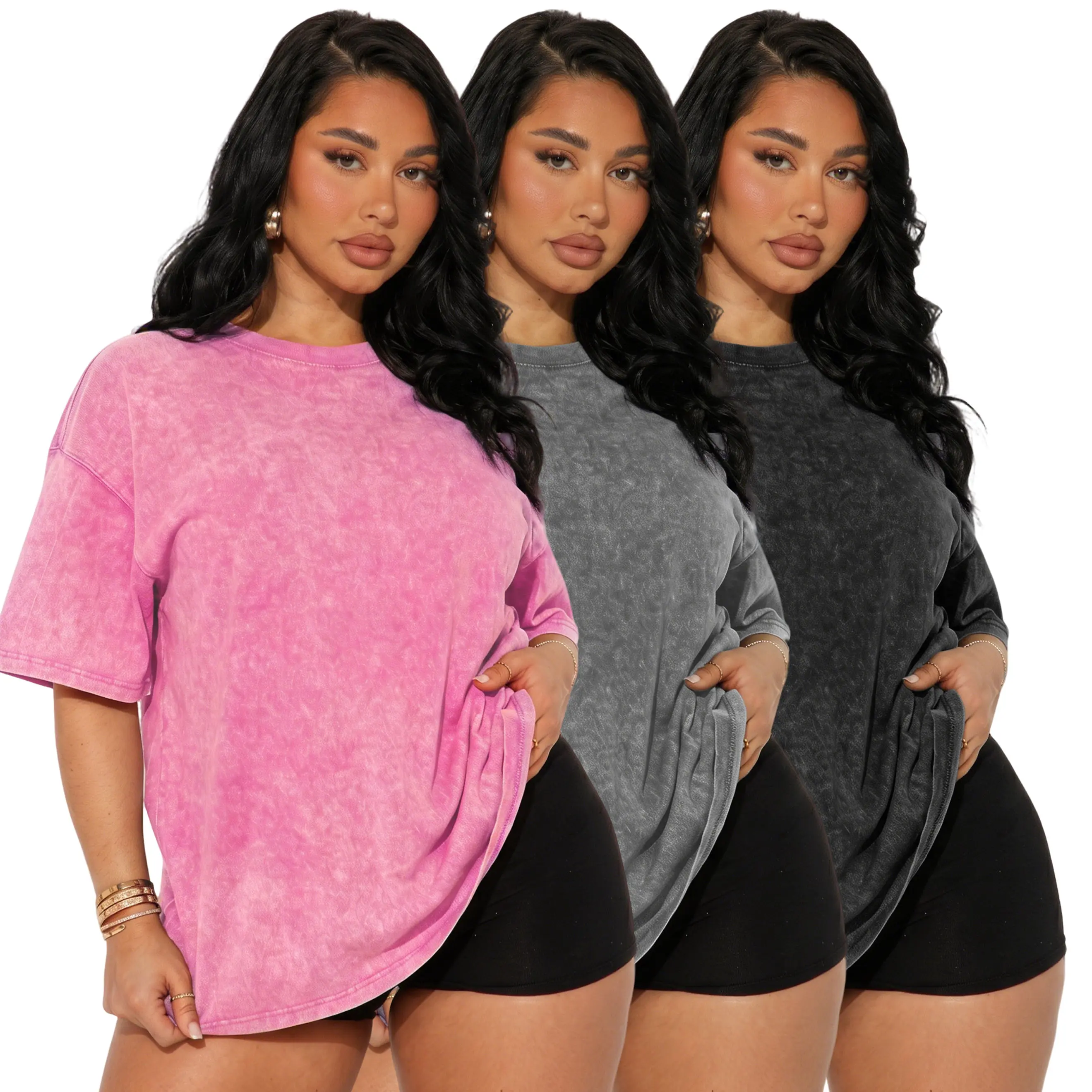 Women's 3-Pack Basic Minimalist Loose Vintage T-Shirts, Distressed Solid Color Short-Sleeve Round Neck Tops for Casual Everyday Wear, Tshirt