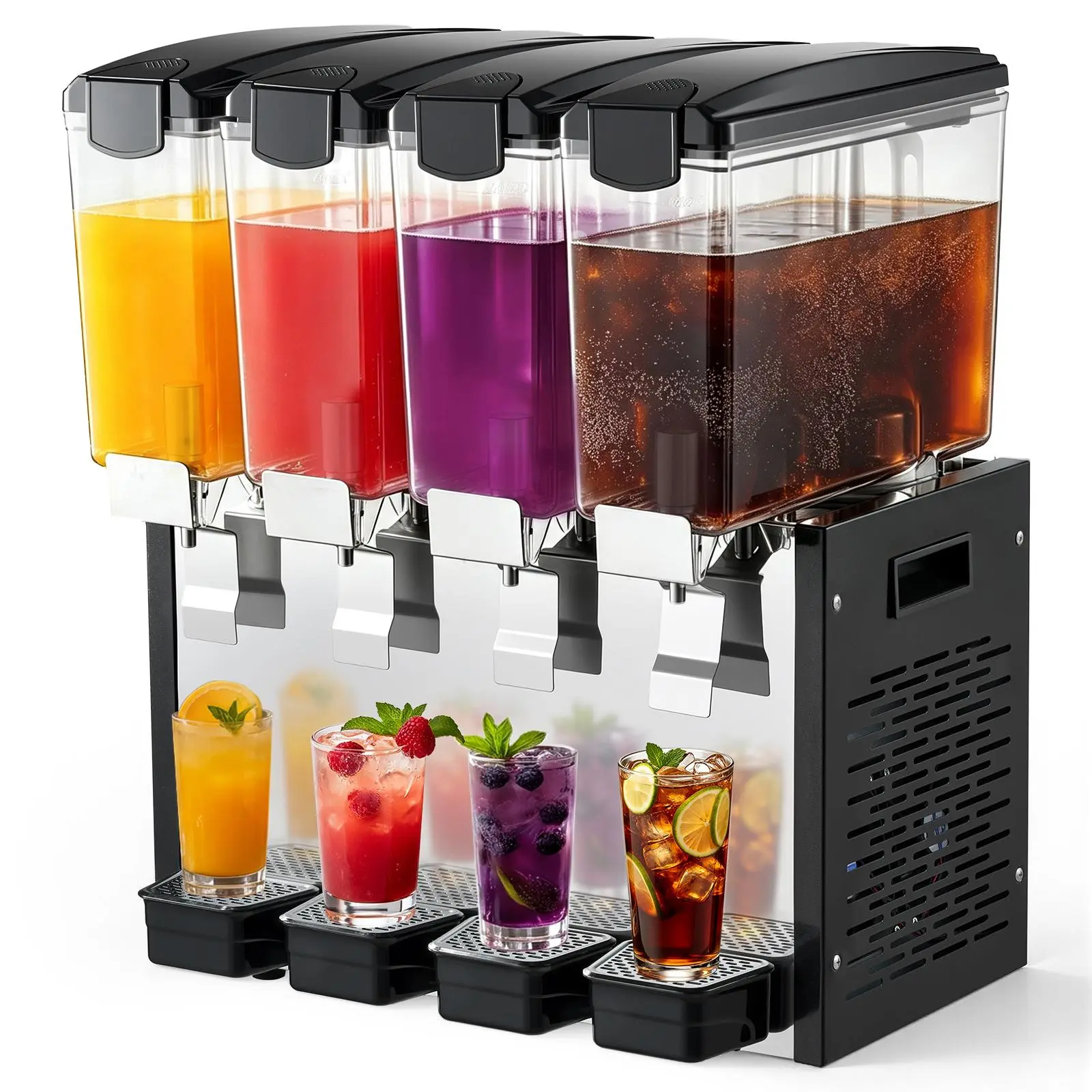 VEVOR Commercial Stainless Steel Automatic Water Cooler & Dispenser - 4-Tank Cooling Drink Machine, 10L/10.6QT Per Tank, 45℉-54℉ Temperature Control Ice-Cold Refrigeration for Restaurants