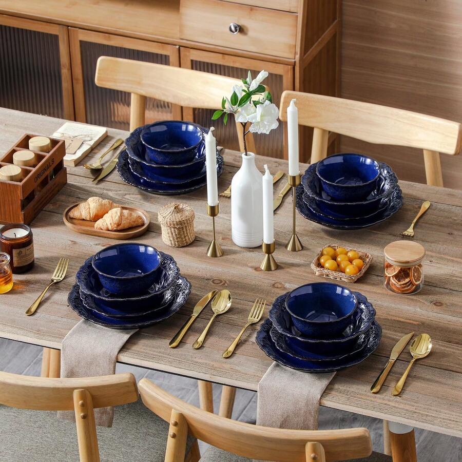 16 Piece Ceramic Dinnerware Sets, Kitchen Dinnerware, Blue Dinnerware With Bas-Relief Around The Edge, For 4 People, Dinner Plate, Dessert Plate, Bowl And Soup Plate