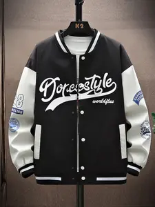Men's Loose Letter Print Button Front Drop Shoulder Varsity Jacket, Stand Collar Long Sleeve Outwear, Without Tee & Necklace