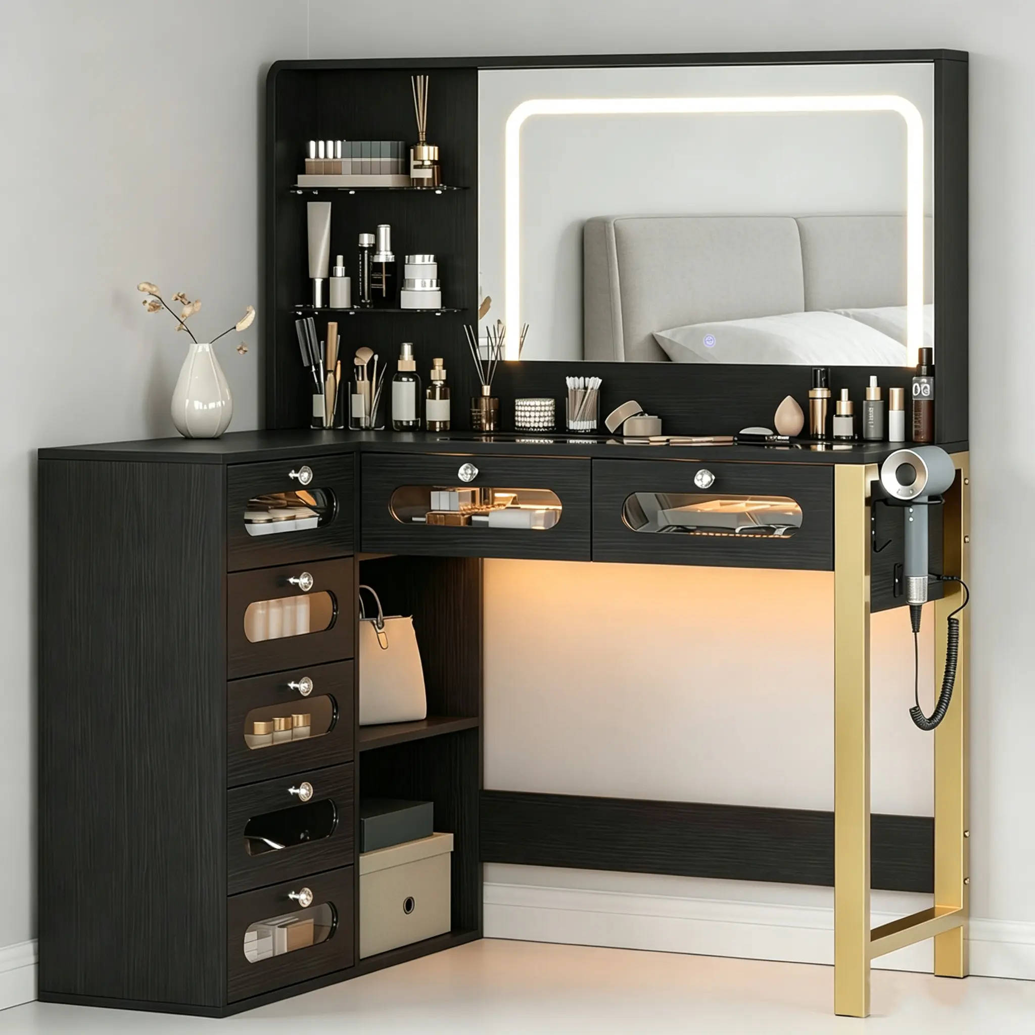 Makeup Vanity Desk with Mirror and Lights, 43.3" Makeup Vanity with Lights & Charging Station, Dressing Table Vanity Set White Vanity Table with 7 Drawers , Without Stool Black modern corner large storage led-lit