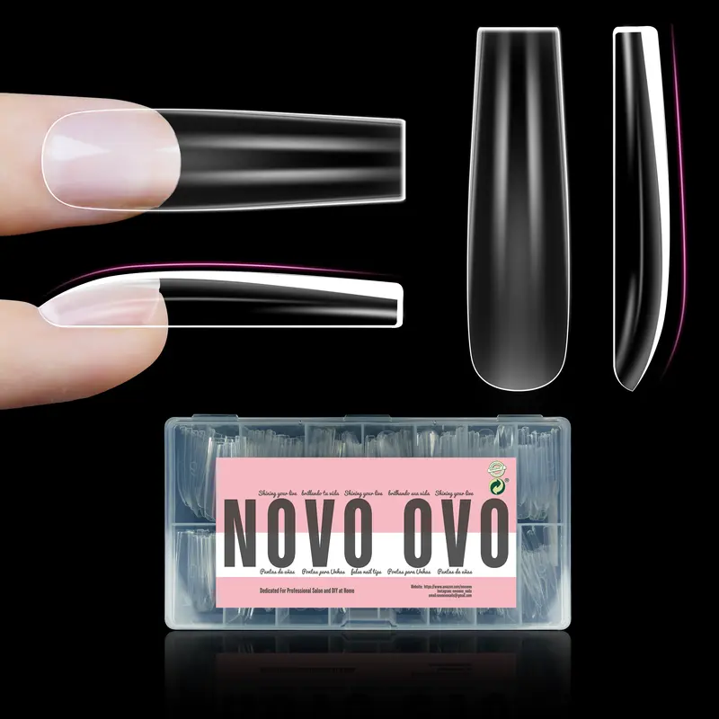 NOVOOVO Nail Tips Press on Full Cover, Gel x Thick Long XL XXL Acrylic Fake Nails Extension kit, Pre-etched Soft French False Nail 【NO GLUE,TOP COAT AND LAMP INCLUDED】,sohochic