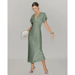 Rihoas Lady's Solid Green Polyester Satin Waisted Short-Sleeve V-Neck A-Line Midi Dress with Zipper, Basic Minimalist Formal Wear Ideal for Prom
