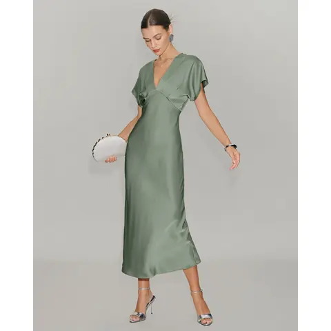 RIHOAS Women's Classy Satin A-Line V-Neck Pleated Midi Dress - Solid Color, Casual Wear, Zip-Closure, Formal Wedding Guest Dress, V-Neck Elegance