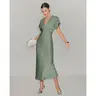 RIHOAS Women's Classy Satin A-Line V-Neck Pleated Midi Dress - Solid Color, Casual Wear, Zip-Closure, Formal Wedding Guest Dress, V-Neck Elegance