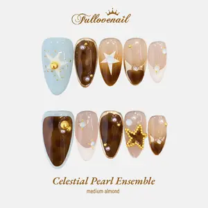 Fullovenail Medium Almond 10 PCS Celestial Pearl Ensemble Handmade Press on Nail REUSABLE 3D Gel Fake Nails Acylic Press on Nail/Christmas Autumn Fall Winter Peret 2025