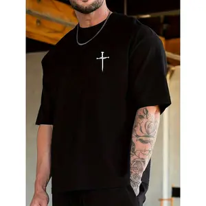 Men's Black Geometric Cross Crew Neck Sports Tee - Breathable, Quick-Dry, Stretch Short-Sleeve Top with Unisex Fit for Summer Workout, Hiking (Father’s Day Gift Option)