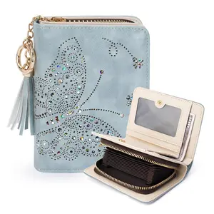 APHISON RFID Blocking Card Holder Wallet with Keychain, Compact Bifold Design with Zipper Coin Pocket, Glittery Butterfly Pattern, Synthetic Leather, Dual Zippers, Tassel & Decorative Pulls