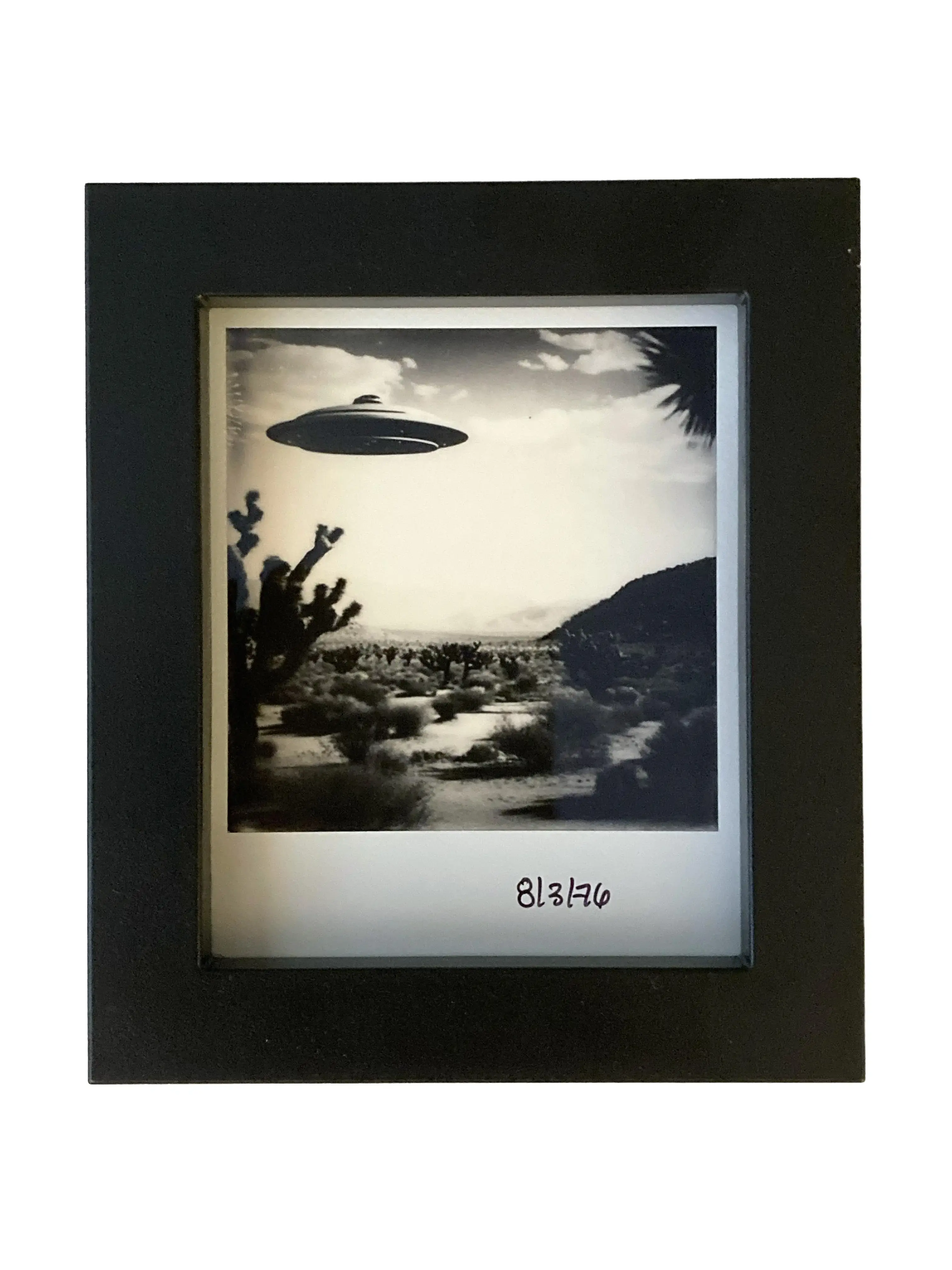 Art by Hawk, Framed Black and White Polaroid of a UFO Flying Over Joshua Trees Photo