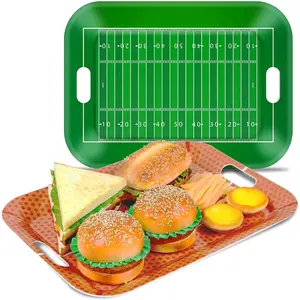 2 count Football Serving Trays, 16.1 x 11.1 Inch, Melamine, Rectangular, Green, Football Themed Design, Stackable, Handle,  for  Day Snacks, Tailgate, Birthday Party Decorations