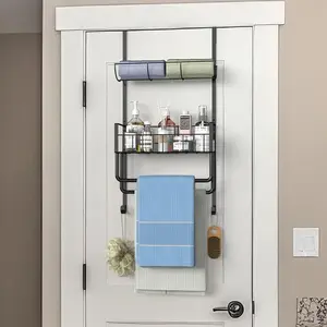 Black Over-the-Door 4-Tier Towel Rack with Hooks and Basket, Bathroom Towel Bar Organizer for Bathroom and Bedroom Home Accessories