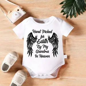 Hand-Picked for Faith by My Grandma in Heaven" Baby Boy's 100% Cotton Romper - Short Sleeve, White with Angel Wings Print, Soft & Comfortable Newborn Outfit for Spring/Summer, Baby Boy Clothes, Perfect for Outdoor