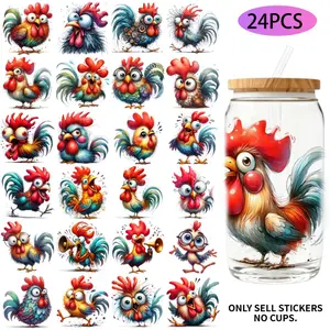 UV DTF Transfer Stickers - 24 Pieces/Set, Funny Chicken Theme, UV DTF 16OZ DIY Transfer Stickers, DIY Decal Film, Suitable For 16-Ounce Water Bottles, Glass Bottles, Laptops, Home Decor DIY, High-Adhesion Transfer Paper