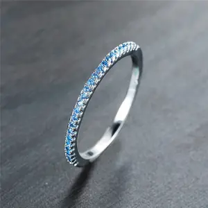 Natural Swiss Blue Aquamarine Ring, Blue Aquamarine Petite Wedding Ring, Aquamarine Wedding Band, 14k White Gold, Half Eternity, Bridal Anniversary Jewelry Gift