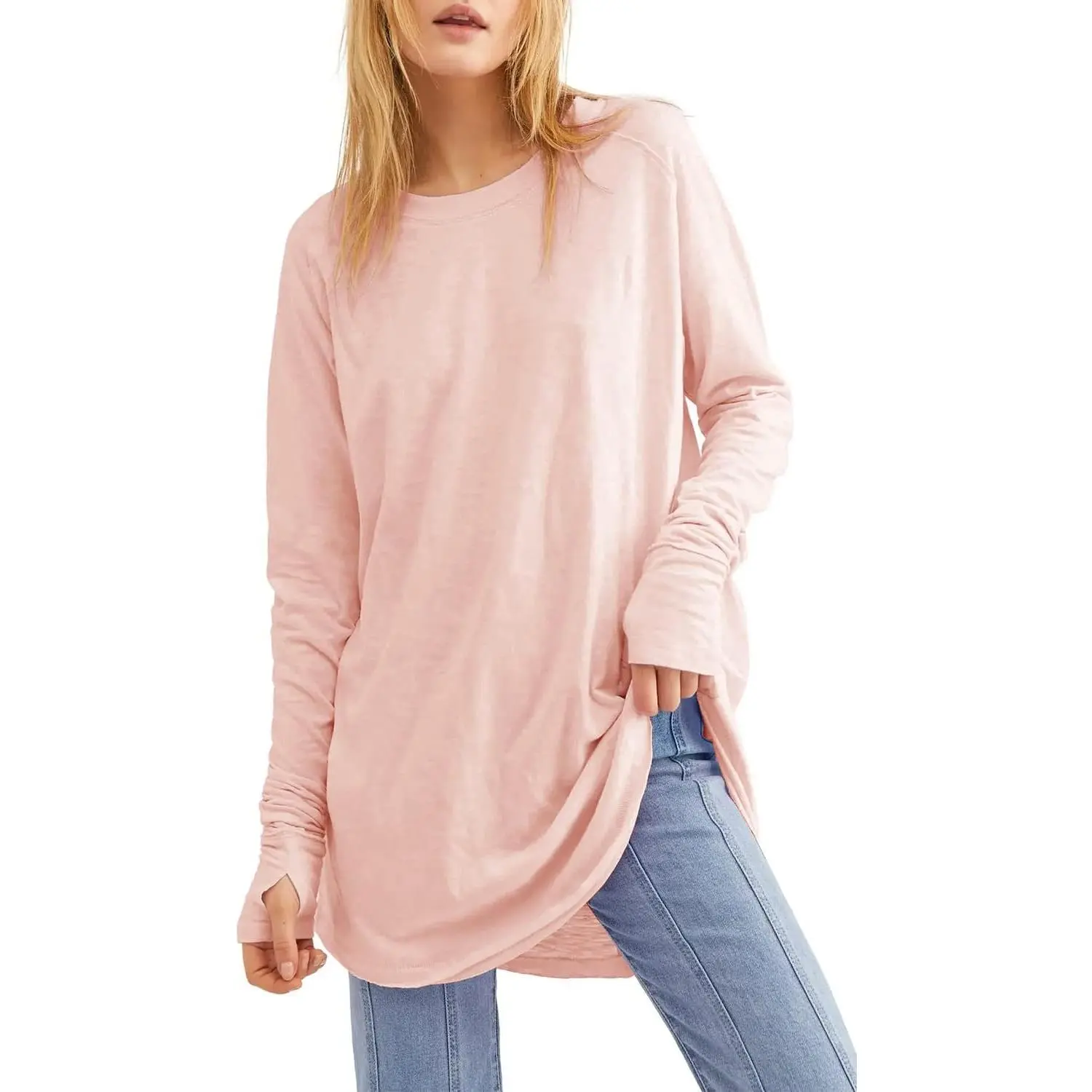 Imily Bela Women's Casual Long Sleeve Tops Crew Neck Round Hem Loose T-Shirts Tunic Tops with Thumb Holes