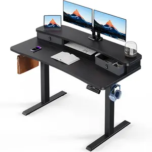 48″ x 24″ Electric Standing Desk with 2 Drawers, C-Clamp Mount Compatible, Height Adjustable Computer Desk, Home Office Stand Up Desk with 4 Preset Heights & 2 Hooks, Black