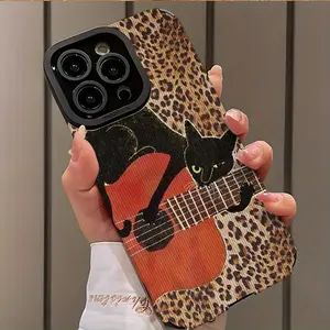 Abstract Cat Playing Guitar Pattern Design Shockproof Ultra-Thin Phone Case for iPhone 16/15/14/13/12/11 Plus Pro Max, Dust-Proof and Beautiful Gift Phone Cover