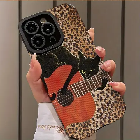 Abstract Cat Playing Guitar Pattern Design Shockproof Ultra-Thin Phone Case for iPhone 16/15/14/13/12/11 Plus Pro Max, Dust-Proof and Beautiful Gift TPU Smartphone Casing Phone Cover Casing
