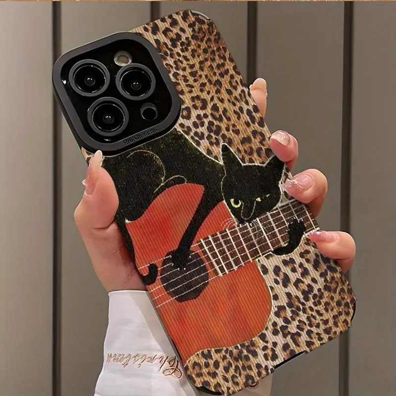 Abstract Cat Playing Guitar Pattern Design Shockproof Ultra-Thin Phone Case for iPhone 16/15/14/13/12/11 Plus Pro Max, Dust-Proof and Beautiful Gift TPU Smartphone Casing Phone Cover Casing
