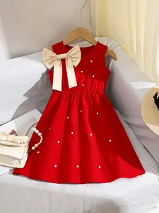 Girls' Elegant Pearl Buckle Bowknot Dress, Sleeveless Midi Party Gown, Loose-Fitting Princess Style, Solid Color, Perfect for Parties