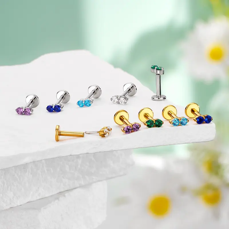 OUFER 16G Threadless/Push Pin Stainless Steel Dainty Cubic Zirconia Flat Back Earrings - Women's Trendy Tiny Double CZ Stone Helix Earrings for Casual Daily Wear Body Piercing