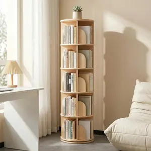 5-Tier 360° Rotating Bookshelf, Tall Round Wooden Floor Standing Bookcase, Spinning Storage Display Shelf for Living Room Bedroom Home Office, Natural