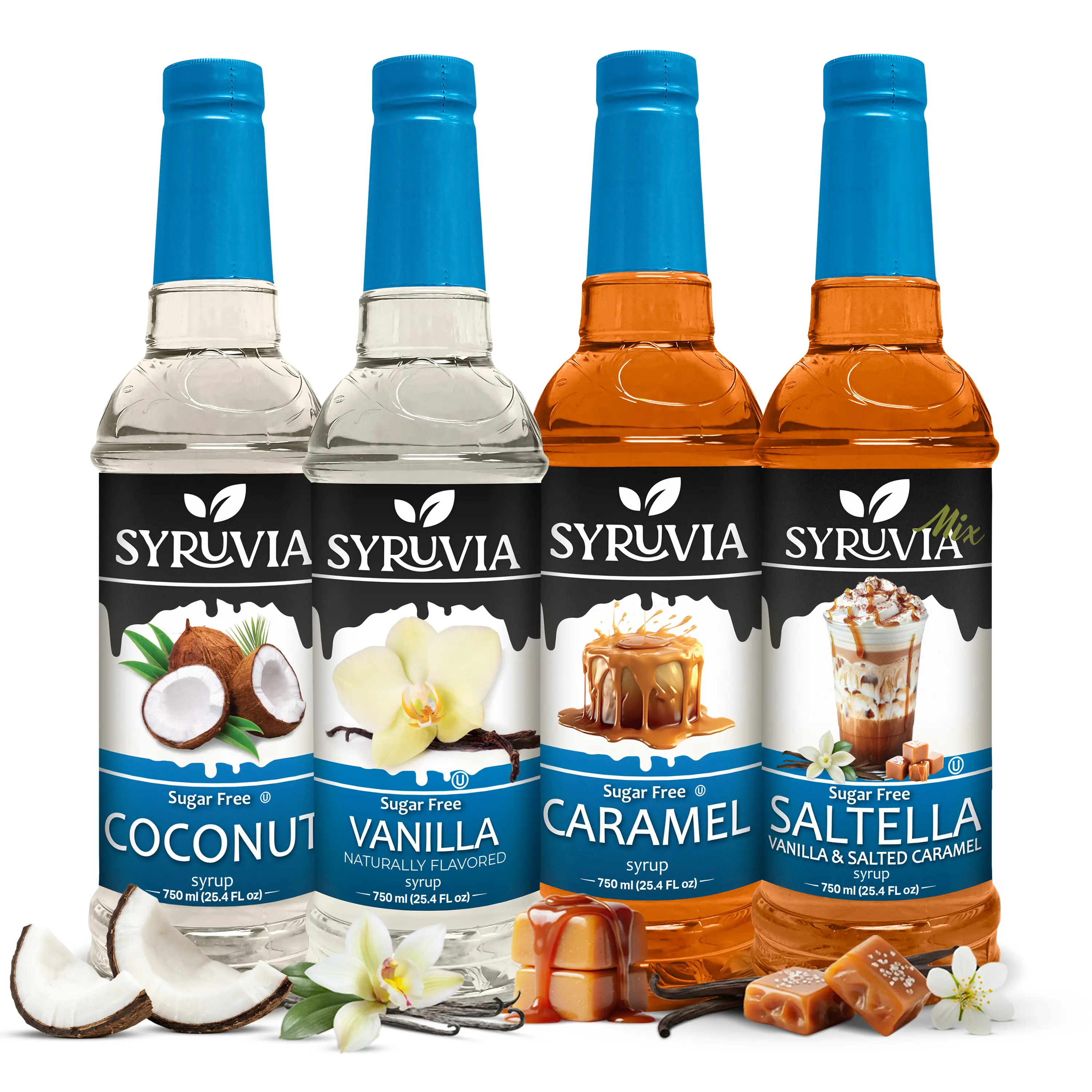 Syruvia Sugar Free Coffee Syrup Variety Set - 4-Pack Coconut, Vanilla, Caramel, Saltella Flavors - Gluten-Free, Kosher, 25.4 fl oz - Great for Coffee, Beverage Prep