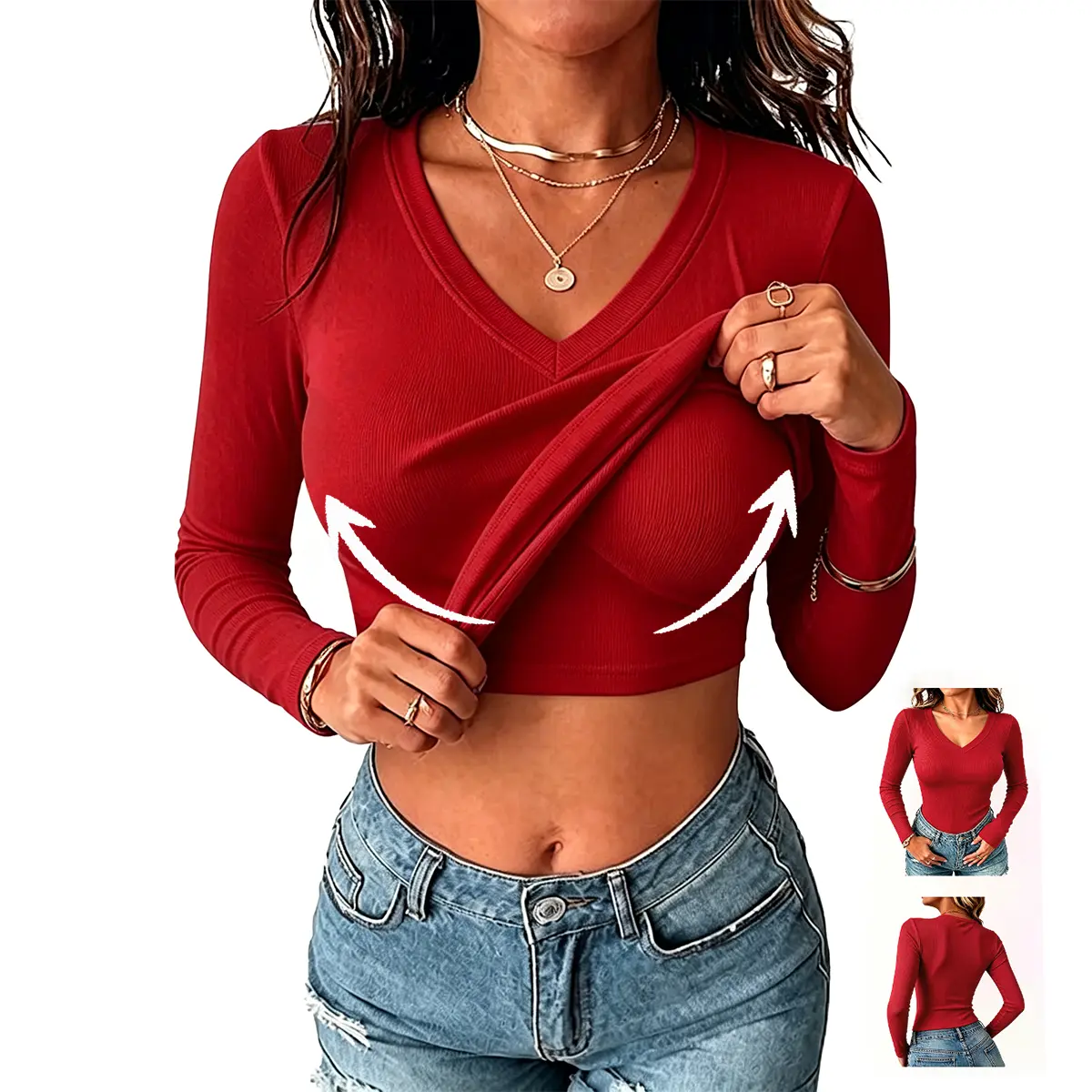 Women Built-in Bra Tops Long Sleeve Casual Shirts V Neck Ribbed Fitted Tank Tops