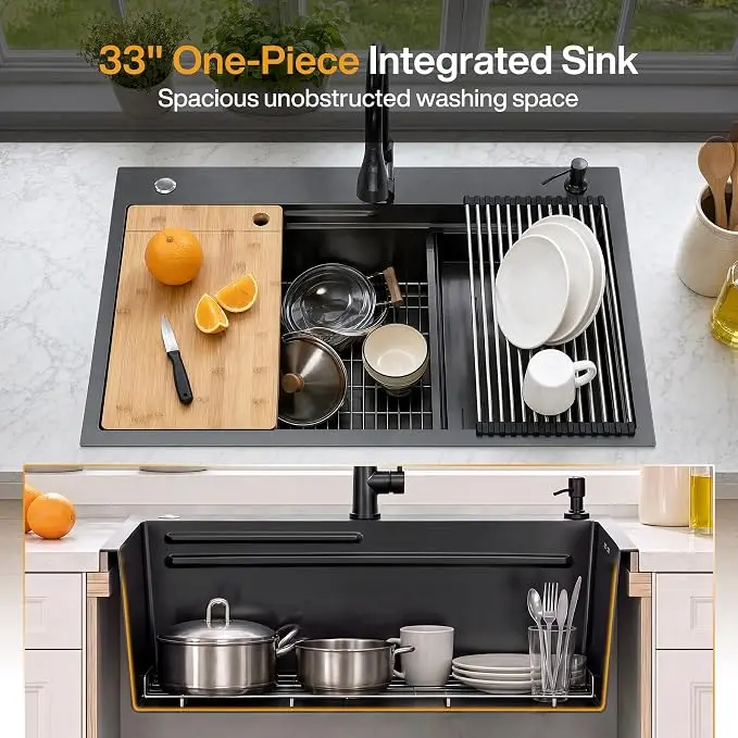 Tribesigns Fnova Stainless Steel Kitchen Sink, 30 x 22 in Drop-In Single Bowl Workstation Sink, 10 in Deep Topmount Sink with Faucet, Nano Coating