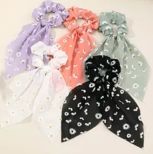 Daisy Flower Print Scarf Hair Ties Multicolor Scarf Scrunchies Gift for Her Soft Scrunchies Hair accessories 5 Pack