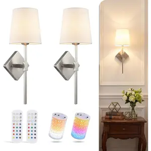 10000mAh Battery Operated Wall Sconces,Up to 100 Hours with Rechargeable RGB Dimmable Magnetic Bulb,Cordless Wall Lighting Fixtures with Remote for Bedroom,Brushed Nickel,2 Pack-18inch