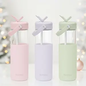 Sandjest 20oz Glass Water Bottle with Straw Lid & Silicone Sleeve | Reusable Leakproof Bottle for Travel, Gym, Office, Christmas Gift