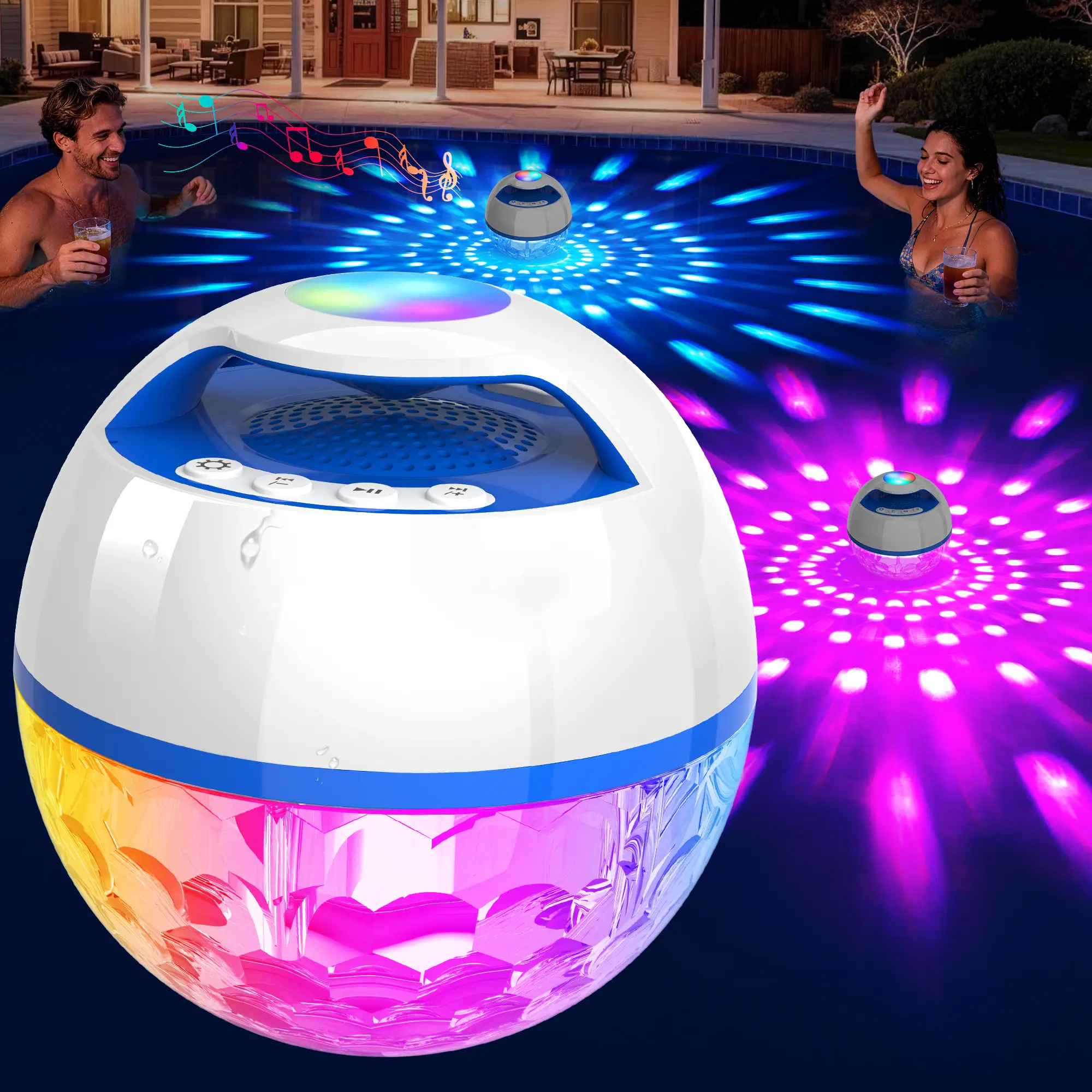 2-in-1 IP68 Waterproof Floating Pool Bluetooth Speaker with Color Lights, 360° Surround Stereo Sound, Hands-Free Portable Wireless Speaker for Pool, Hot Tub & Spa, White