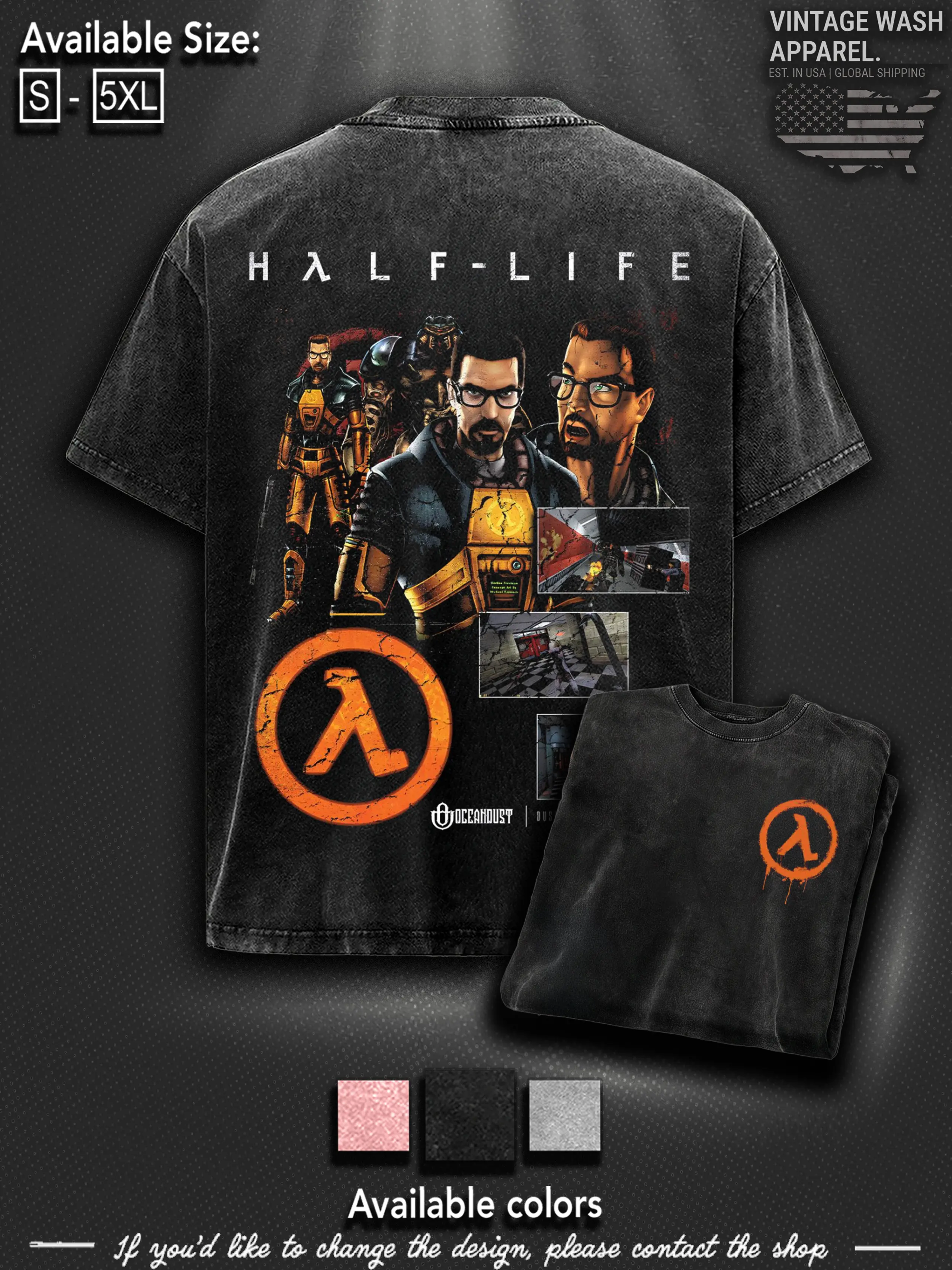 Half-life Washed Unisex Graphic Tees, Casual Crewneck Short Sleeve Washed Tshirt 2 Sided Cotton unisex graphic tees gamer merch, Black Cotton Tee