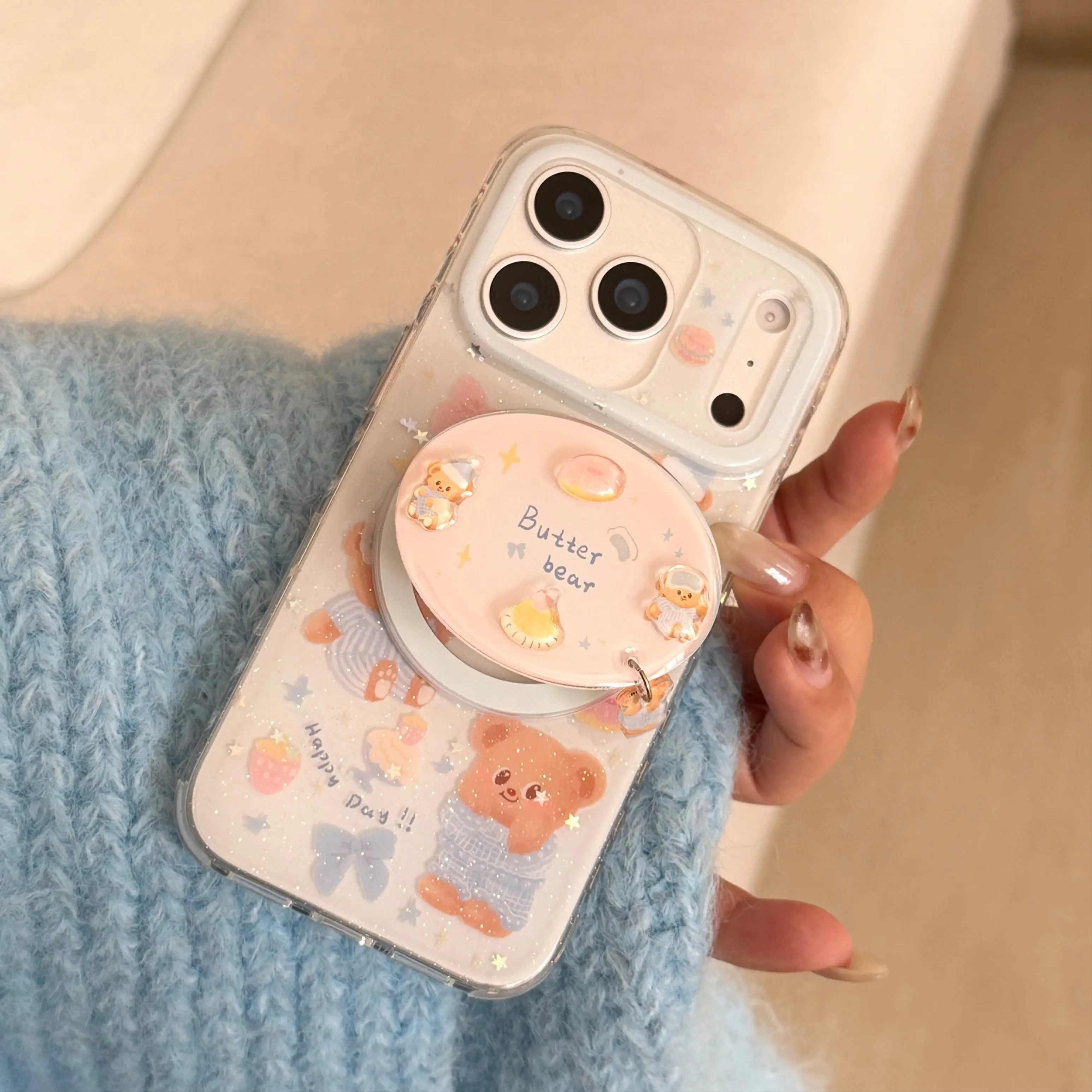 Cartoon Character Butter Bear Magnetic Double-Layer Smartphone Case with Holder, Ultrathin Fit Anti-Drop Shockproof Full Body Cover, Phone Protection Accessory for iPhone 13-17 Pro Max iOS Devices