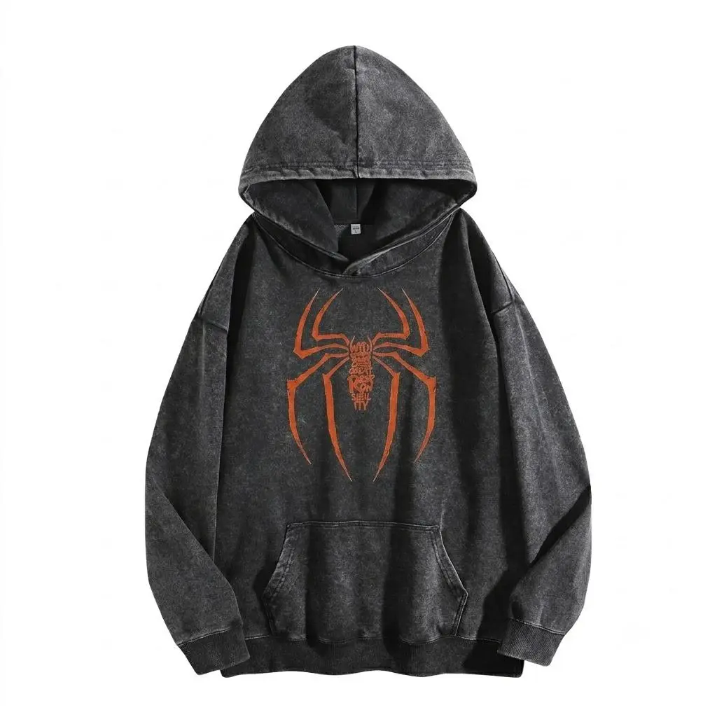 Vintage Washed Heavyweight Spidey Washed Hoodie 2, Oversized Dark Aesthetic Streetwear Graphic T-Shirt for Men & Women. Grunge Distressed Edgy Workout Gym Pump Cover, Cyberpunk Y2K Retro Urban Menswear.