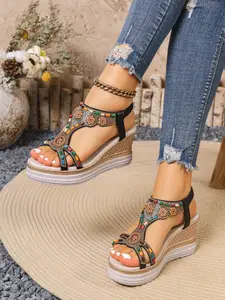 Boho Style Wedge Sandals for Women, Fashionable Rhinestone Sandals Summer Thick Sole Waterproof Platform Open Toe Rhinestone Ethnic Style Shoes