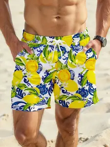 New Summer Men's Sicilian Lemon Beach Shorts, Casual Trendy, Vintage Pattern + Lemon Print + Adjustable Drawstring