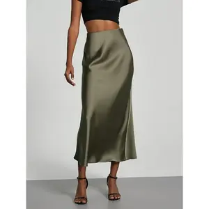 Women's High-Waist Satin Midi Skirt - Elegant Solid Black, Flared Design, Perfect for Dates & Work, All-Season Polyester Skirt, Office Wear Skirt |     Flared Skirt Style |     Quality Construction