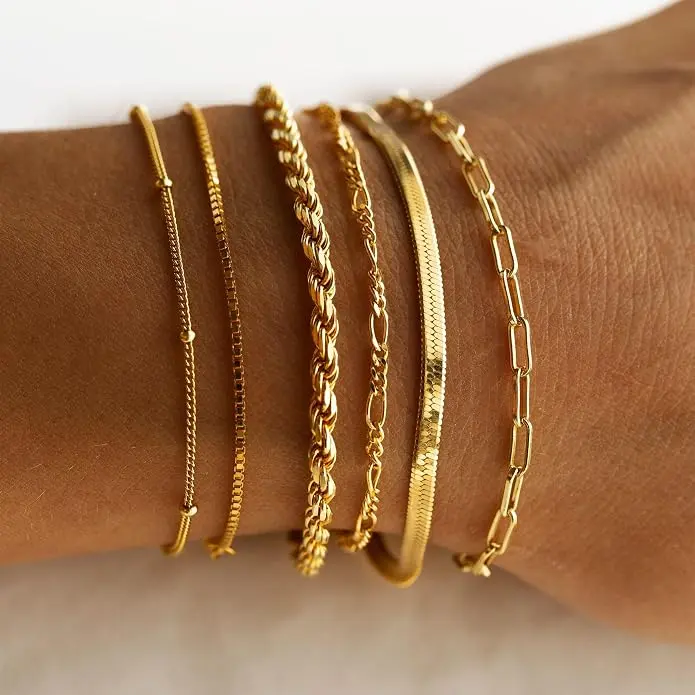 6 PCS 14K Gold Plated Bracelet Set for Women, Waterproof Stackable Dainty Cuban Link & Paperclip Chain Bracelets, Trendy Layering Jewelry, Mother's Day Gift