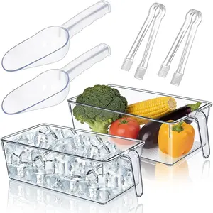 2 Pack Clear Ice Bucket for Freezer,  Storage Bin with Flexible Handle, Ice Holder for Freezer, Scoop & Tongs Set, Fridge Container,  Bar Organization (11.8 x 5.91 x 3.54 Inches)