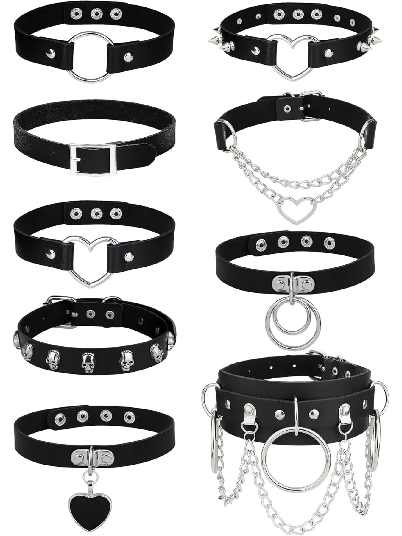 9PCS Gothic Choker Necklace Set for Women - PU Leather Punk Chain Black Necklace Set with Adjustable Love Heart Choker Fashion Jewelry Accessories Heart Style Choker