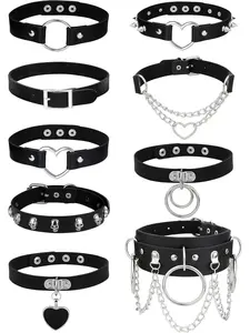 9PCS Gothic Choker Necklace Set for Women - PU Leather Punk Chain Black Necklace Set with Adjustable Love Heart Choker Fashion Jewelry Accessories