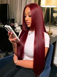 32" Cherry Burgundy Straight Lace Front Wig Long Sleek Heat-Friendly Synthetic Hair 13x4 HD Transparent Lace Pre-Plucked Natural Hairline Free Parting Glueless Part Wig for Daily Glam